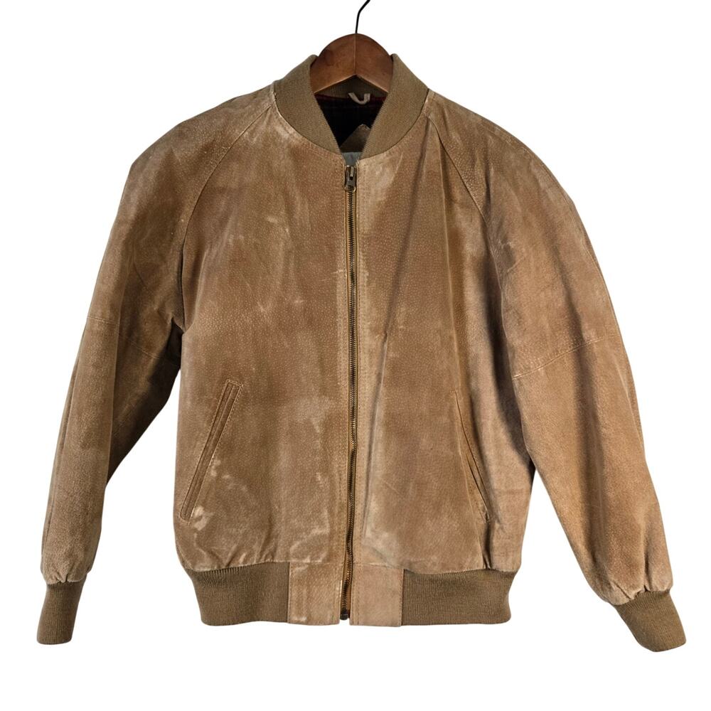 Vintage Grunge Revival Indie Sleaze Tan Suede 100% Leather Bomber Jacket Small